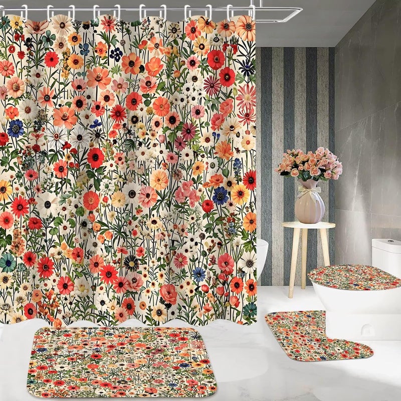 DDQQ 4Pcs Floral Shower Curtain Set Spring Flower Bathroom Sets, Oil Painting Flower Home Bathroom Decor Shower Curtains with Rugs and Toilet Lid Cover - Image 3